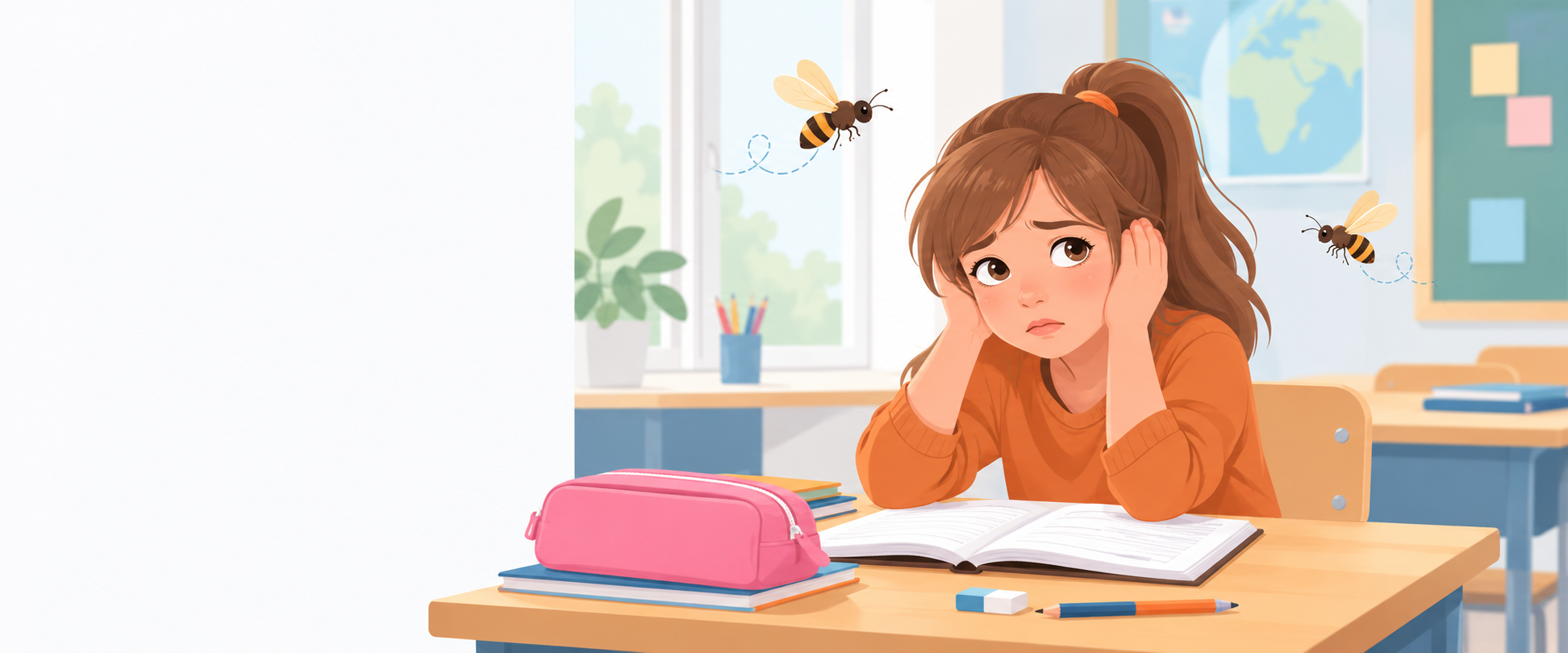 Jeune fille anxieuse à l'école à cause d'une phobie des guêpes